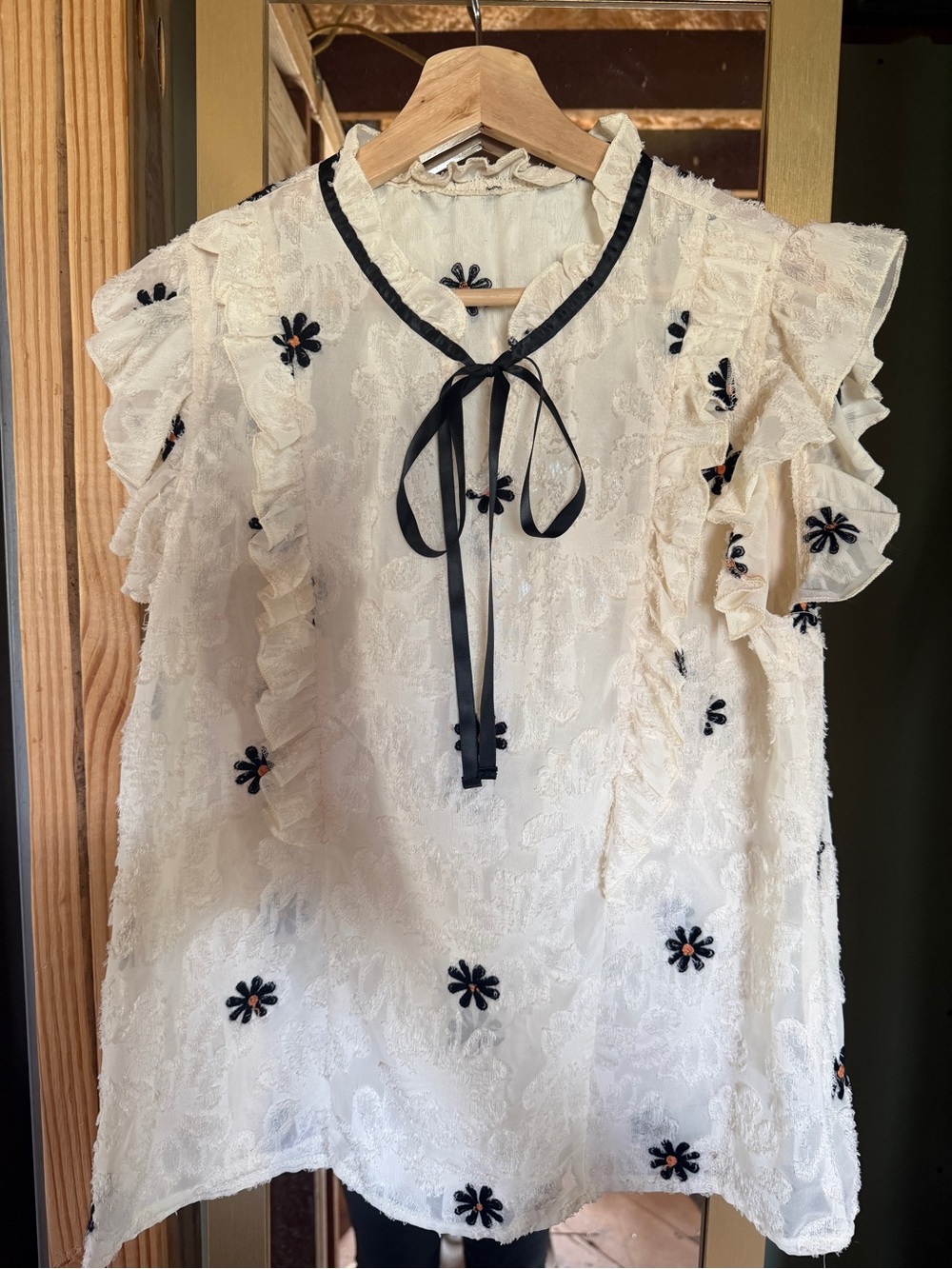 Cream Lace Ruffle Blouse with Black Ribbon & Floral Embroidery